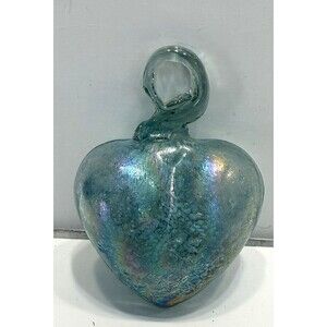 Art Blown Glass Heart Ornament Iridescent Thick Paperweight 3" Artisan Blue